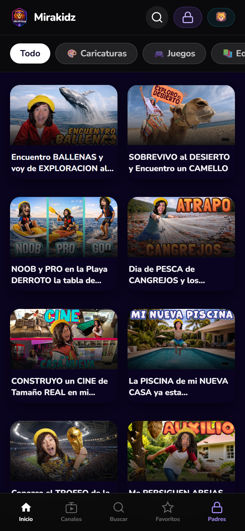 La app de MiraKidz mostrando videos aprobados para el niño